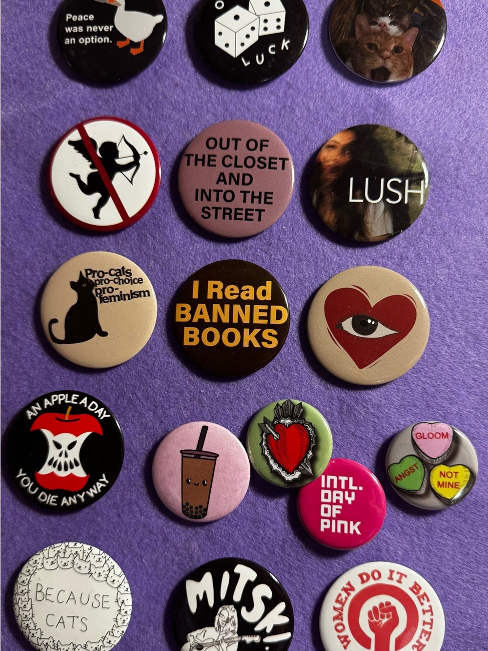 Assorted Pin Collection- Purple Backing Pink, Red, Black & Cream Designs